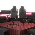 Modern Gaming Display With Pink MORPHLING Neon Sign Black Stepped Structures Red Glowing Grid Floor