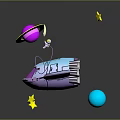 Colorful Spacecraft in Space Scene With Planets Stars and Crescent Moon