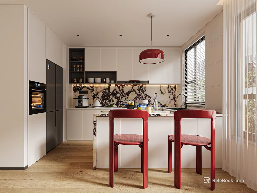 Modern Kitchen Interior Design With White Cabinets Red Pendant Light Island Counter And Red Chairs 3d model 