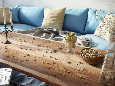 Wooden Coffee Table With Nuts Ice Cream Candle Holder And Blue Sofa Yellow Cushions 3d model