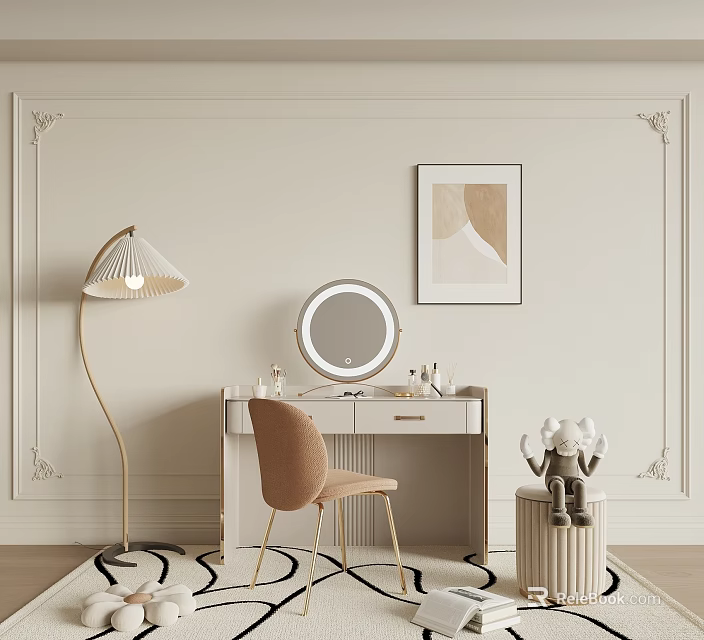 Elegant Dressing Table With Round Mirror Accent Chair Floor Lamp Paneled Wall And Artwork 3d model 