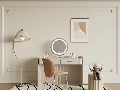 Elegant Dressing Table With Round Mirror Accent Chair Floor Lamp Paneled Wall And Artwork 3d model