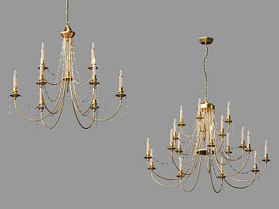 Elegant Golden Chandeliers With Multiple Arms Candle Shaped Lights And Crystal Decorations 3d model