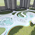 Modern Residential Landscape with High Rise Buildings Central Green Space Water Features and Recreational Areas