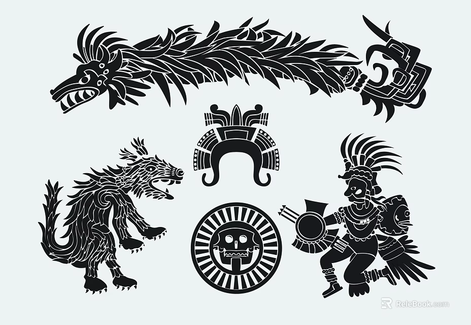 Aztec Style Black Silhouette Decorative Pendant With Wolf Head Feather Warrior Figure Sun Pattern Mask 3d model 