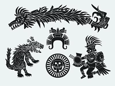 Aztec Style Black Silhouette Decorative Pendant With Wolf Head Feather Warrior Figure Sun Pattern Mask 3d model