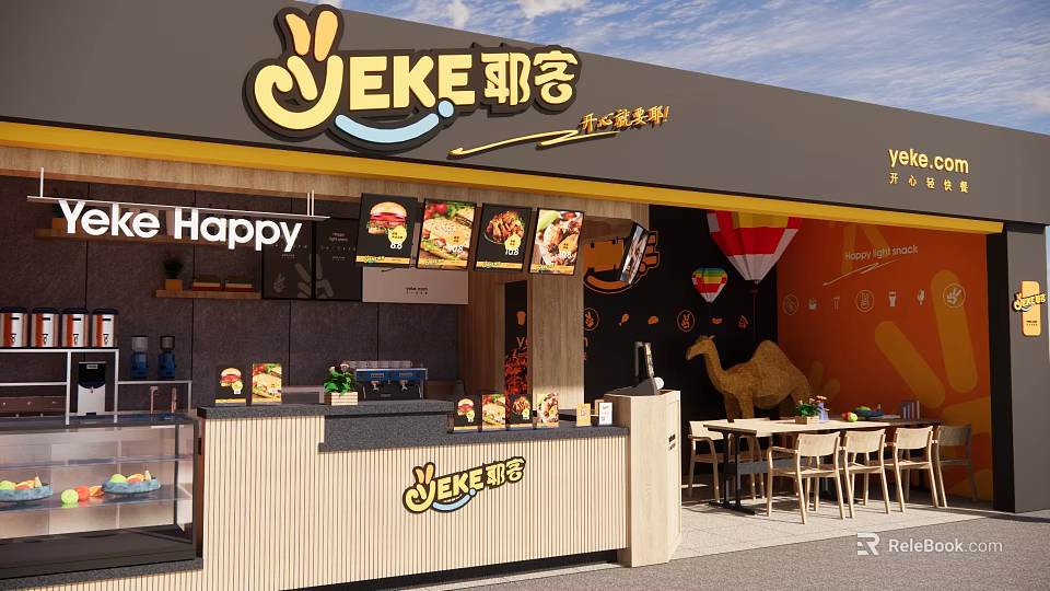 Yeke Milk Tea Shop Storefront With Fresh Drinks Display And Cozy Seating Interior 3d model 