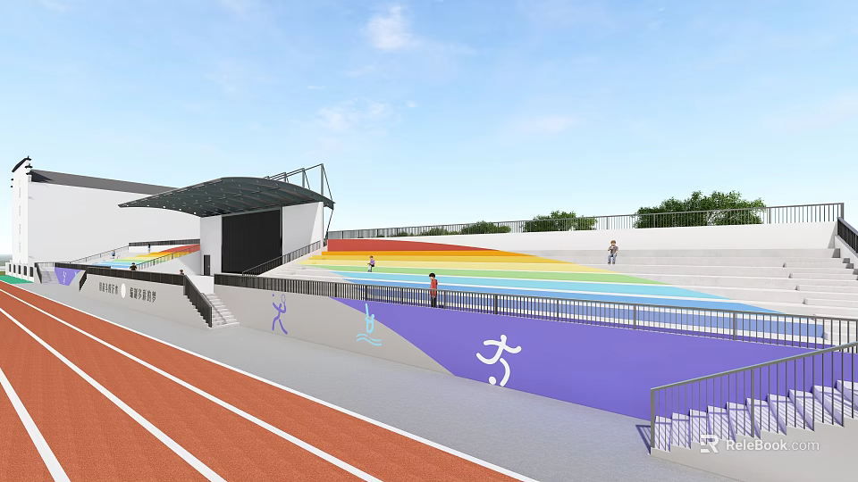 Outdoor Garden Landscape With Running Track Spectator Stands Rainbow And Sports Icons 3d model 