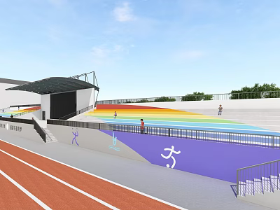 Outdoor Garden Landscape With Running Track Spectator Stands Rainbow And Sports Icons 3d model