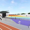 Outdoor Garden Landscape With Running Track Spectator Stands Rainbow And Sports Icons