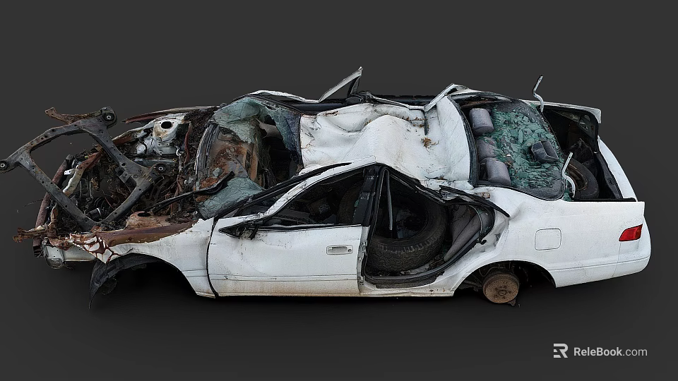 Severely Damaged White Car With Broken Roof Windows Rust And Open Door Exposed Interior 3d model 