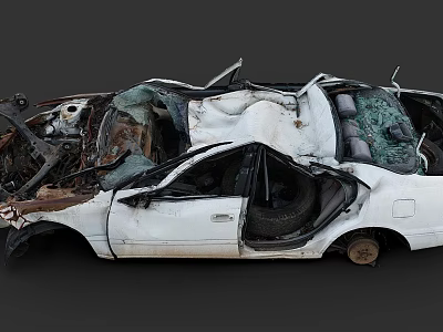 Severely Damaged White Car With Broken Roof Windows Rust And Open Door Exposed Interior 3d model