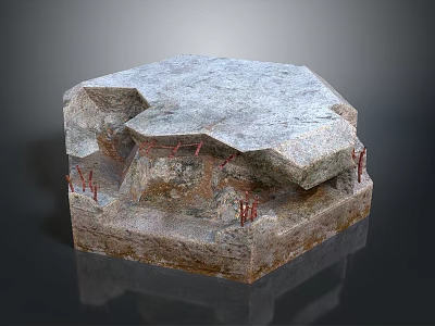 Layered Rock Formation Landscape With Natural Terrain And Red Support Structures 3d model