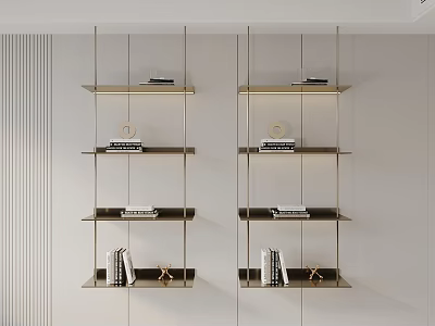 Modern Golden Metal Frame Shelving Unit with Multiple Shelves Books and Decorative Items 3d model