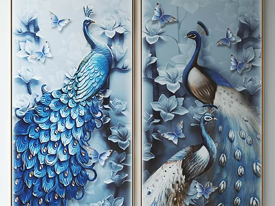 Decorative Wall Art With Blue Peacocks Butterflies And Floral Patterns 3d model