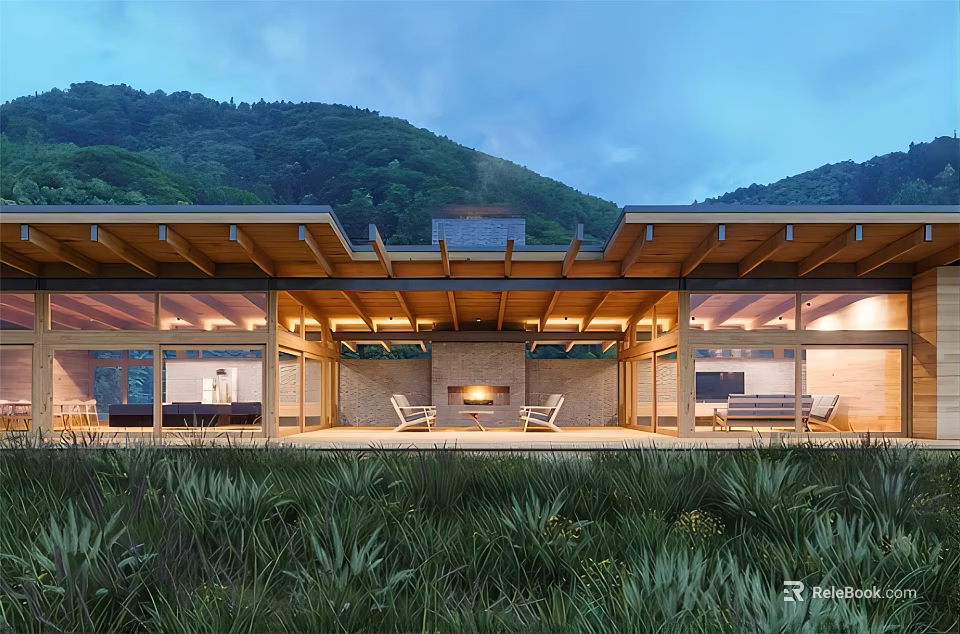 Modern Guesthouse Building With Wooden Roof Mountain View Open Veranda And Fireplace 3d model 