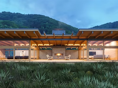Modern Guesthouse Building With Wooden Roof Mountain View Open Veranda And Fireplace 3d model