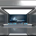 Modern High Tech Control Room With Large Display Screen And Control Panel On Reflective Floor