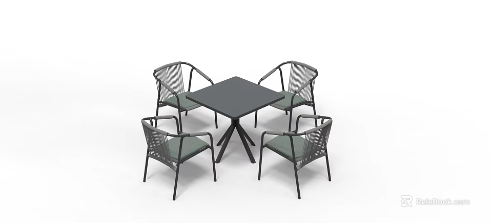 Modern Woven Dining Table Set With Square Black Table And Four Green Cushioned Chairs 3d model 
