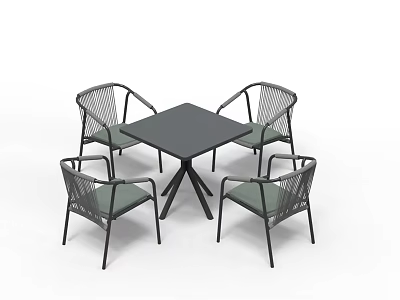Modern Woven Dining Table Set With Square Black Table And Four Green Cushioned Chairs 3d model