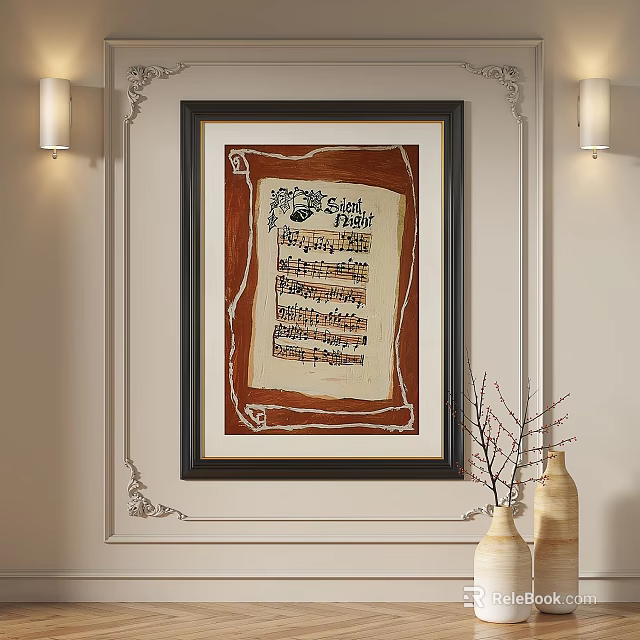 Ornate Framed Abstract Painting With Sheet Music Elements On Elegant Wall 3d model 