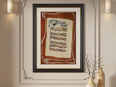 Ornate Framed Abstract Painting With Sheet Music Elements On Elegant Wall 3d model