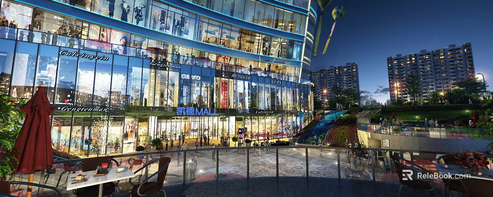 Modern Sky Mall Night Scenery With Glass Facade Bright Lights Slide And Plaza Near High Rise Buildings 3d model 