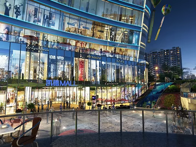 Modern Sky Mall Night Scenery With Glass Facade Bright Lights Slide And Plaza Near High Rise Buildings 3d model