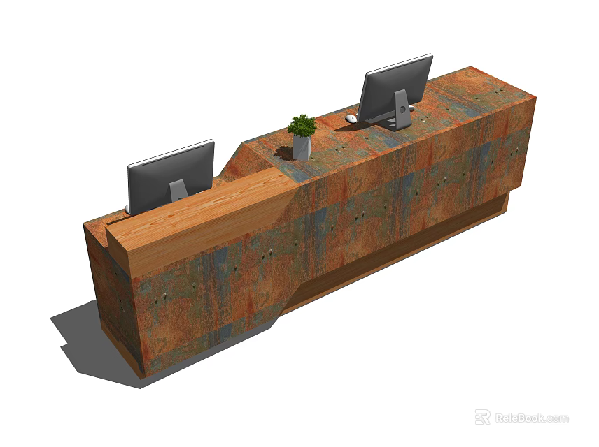 Wooden Reception Desk With Two Monitors And Potted Plant In Modern Office 3d model 