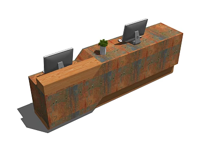 Wooden Reception Desk With Two Monitors And Potted Plant In Modern Office 3d model