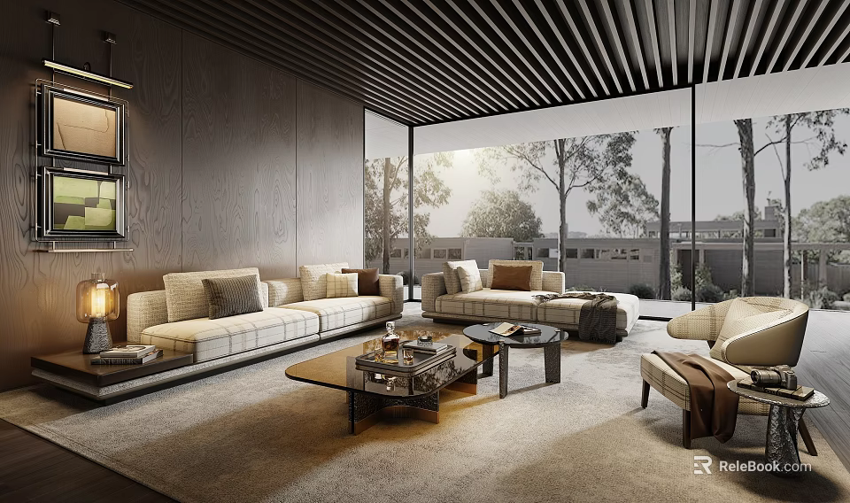 Modern Spacious Bright Living Room With Beige Sofa Wooden Coffee Tables Large Windows Trees Outside And Wooden Slat Ceiling 3d model 