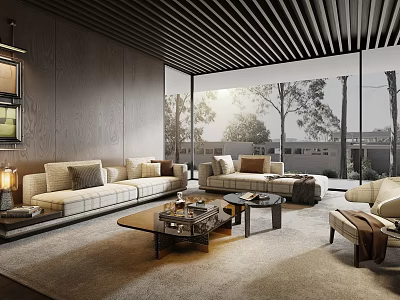 Modern Spacious Bright Living Room With Beige Sofa Wooden Coffee Tables Large Windows Trees Outside And Wooden Slat Ceiling 3d model