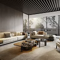 Modern Spacious Bright Living Room With Beige Sofa Wooden Coffee Tables Large Windows Trees Outside And Wooden Slat Ceiling