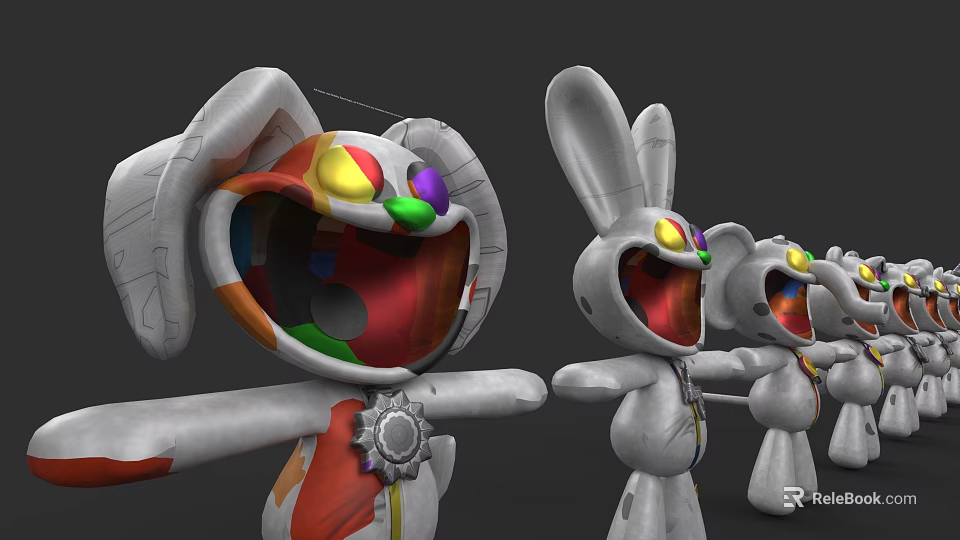 Multiple Mechanical Rabbit Dolls With Colorful Eyes Open Mouths And Metallic Design 3d model 