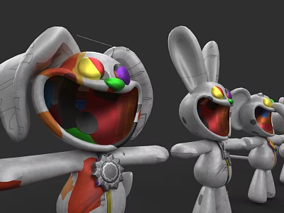 Multiple Mechanical Rabbit Dolls With Colorful Eyes Open Mouths And Metallic Design 3d model