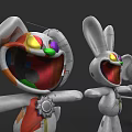 Multiple Mechanical Rabbit Dolls With Colorful Eyes Open Mouths And Metallic Design