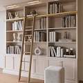 Elegant Bookshelf Filled With Books Decorative Items Ladder And White Cabinets With Gold Handles
