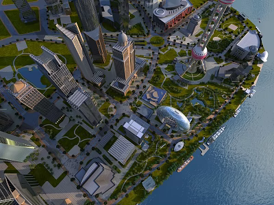 Aerial View Urban Planning With High Rise Buildings Green Spaces Waterfront Areas And Iconic Structures 3d model