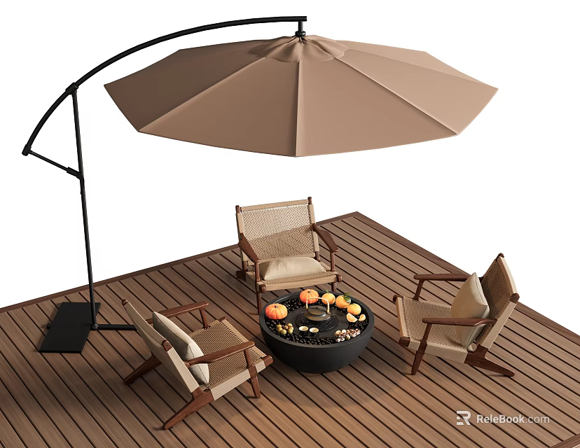 Outdoor Wooden Deck Setup With Fire Pit Table And Chairs Under Large Umbrella 3d model 
