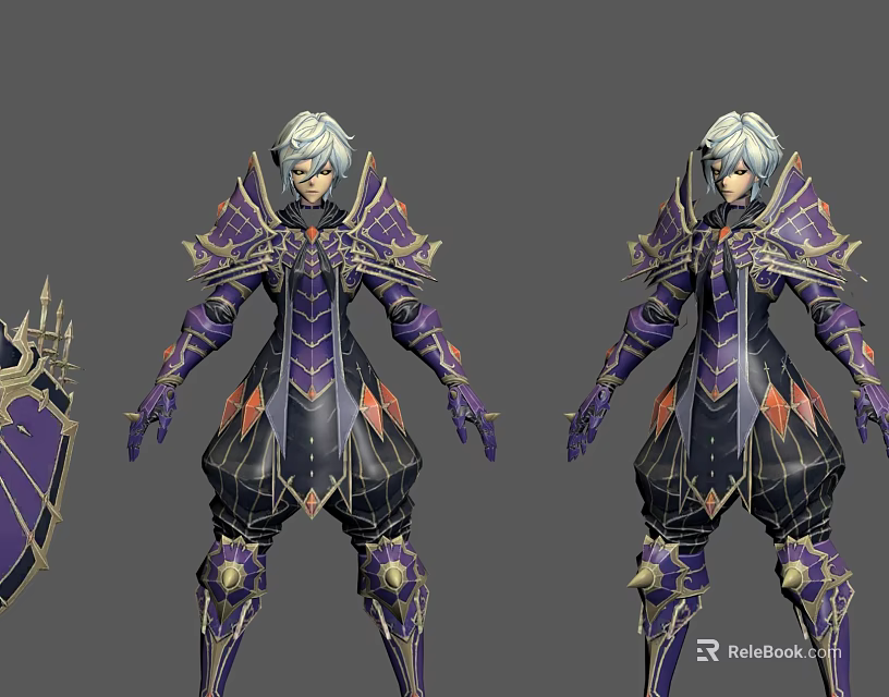 Game and Movie Character With Ornate Purple Black Armor And Decorative Shoulder Plates 3d model 