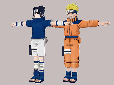 Naruto And Sasuke Anime Characters Classic Outfits Standing Poses 3d model