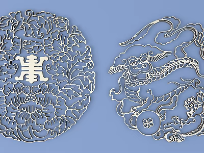 Intricate Traditional Carved Patterns Featuring Circular Longevity Character Peony And Dragon Motifs 3d model