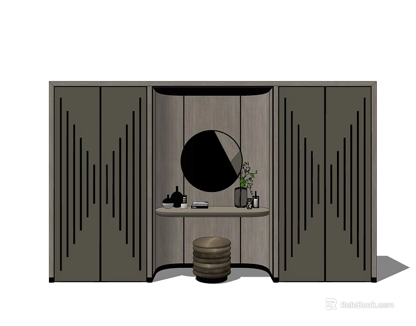 Modern Gray Dressing Table With Round Mirror Cabinets And Decorative Stool 3d model