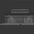Cartoon Style Classical Building Scene with Red Roof Stone Columns Grand Steps and Ornate Entrance