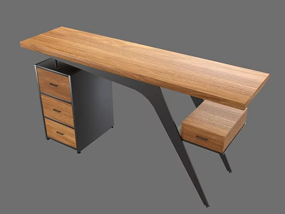 Modern Wooden Home Office Desk With Metal Frame Drawers And Stool 3d model