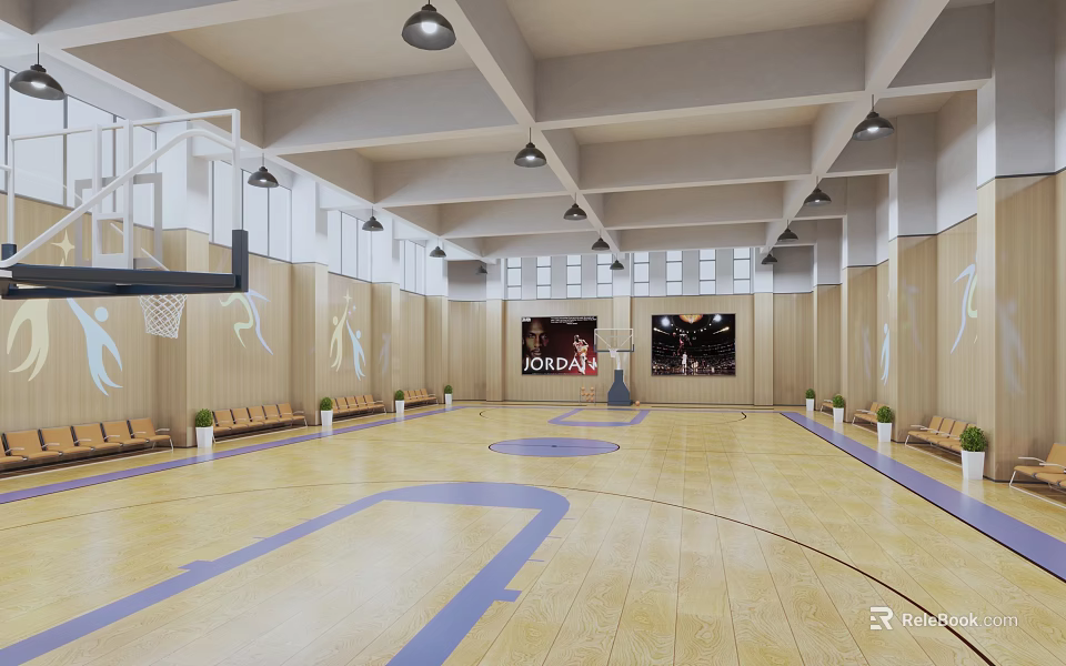Basketball Gym Interior With Hoops Wooden Flooring And Seating 3d model 
