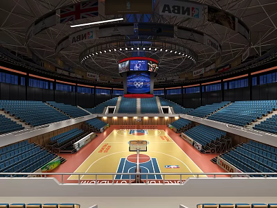 Modern Basketball Arena Interior Design Featuring Blue Seats Basketball Court And Scoreboard 3d model