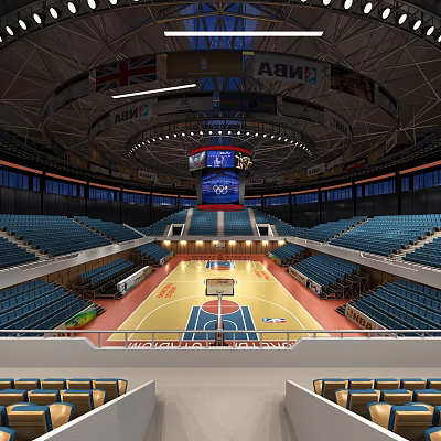Modern Basketball Arena Interior Design Featuring Blue Seats Basketball Court And Scoreboard 3d model