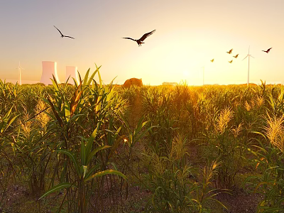 Scenic Sunset Landscape With Cornfield Birds Flying Cooling Towers And Wind Turbines 3d model
