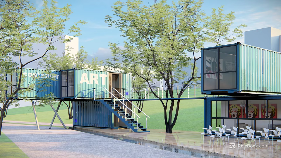 ART Themed Container Building With Staircase And Outdoor Green Trees 3d model 
